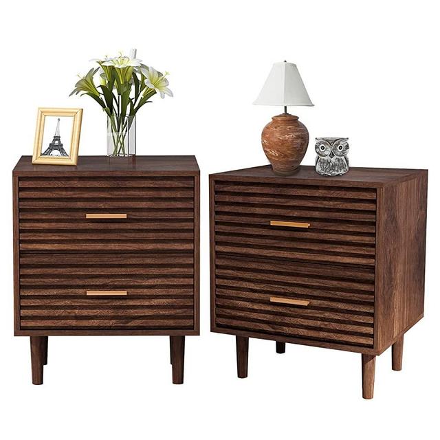 Nightstands Set of 2 End Table with 2 Drawers, Alohappy Bed Side Table for Bedroom, Mid Century Modern Side Table with Storage Vintage Wood Accent Table for Living Room, Rustic Brown(2 Pack)