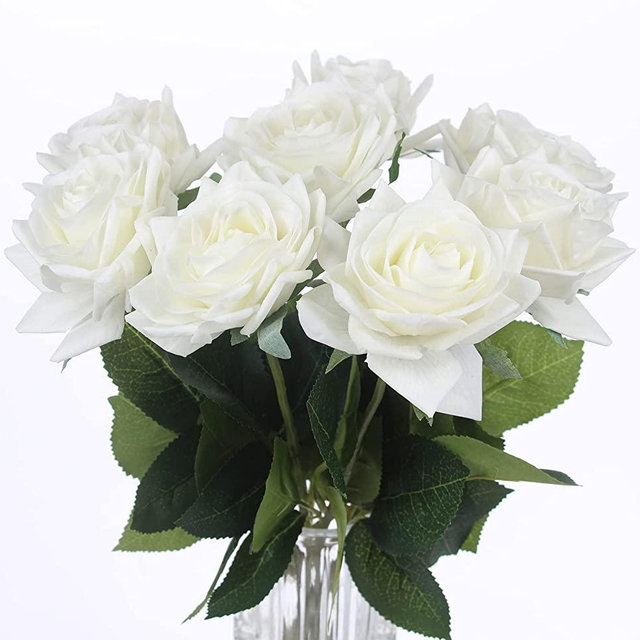 Tinsow Artificial Roses Flowers 8 Pcs Silk Latex White Real Touch Rose for Flower Arrangement Home Decoration, Faux Roses for Valentine's Day Parties and Wedding (8, White)