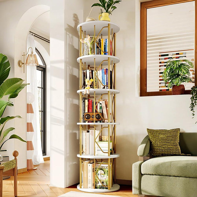 5 Tier Rotating Bookshelf Tower, Revolving Bookcase, 360° Round Spinning Book Shelf, Narrow Swivel Bookshelves Vertical Turning Corner Bookshelf Organizer for Bedroom, Living Room, Gold & White