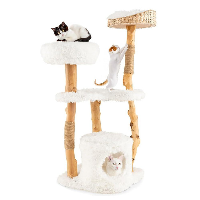 Tangkula Cat Tree for Indoor Cats, Solid Wood Modern Cat Tower with Top Cattail Basket Cat Bed, Side Perch, Large Platform & Cat Condo, Cute Cat Tree with Scratching Posts for Large Cats (49 Inch)