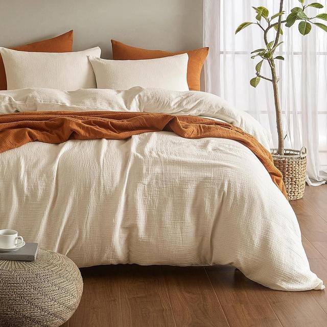 SE SOFTEXLY Muslin Duvet Cover Queen Size, 100% Washed Cotton Duvet Cover Set, Ultra Soft Comforter Cover Linen Like, 3 Pieces Minimalist Gauze Duvet Cover with 2 Pillowcases, 90"x90", Off-White