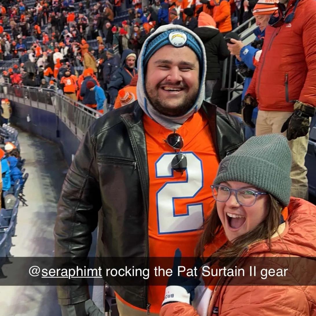 Even though Seraphim is the biggest Chargers fan, he wore the Pat Surtain II jersey just to make Georgia happy.