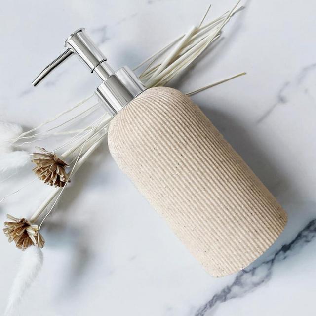 Elegant Boho Beige Hand Soap Dispenser with Silver Pump, for Bathroom and Kitchen, Modern Farmhouse Style, Rust Proof, 7oz