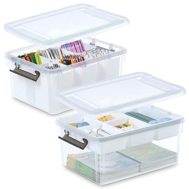 Citylife 17 QT Plastic Storage Box with Removable Tray and 6 Detachable Tall Inserts Craft Organizers and Storage Clear Storage Container for Organizing Crayon, Craft, Sewing, Playdoh, 2 Packs