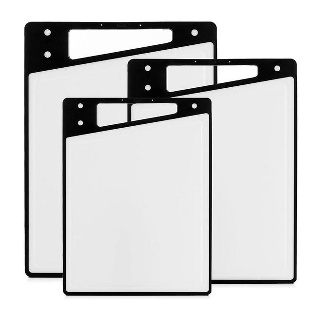 JoyJolt Plastic Cutting Board Set. White and Black Cutting Boards for Kitchen Dishwasher Safe with Handle. Non Slip Large and Small Chopping Board Set; Meat Cutting Board with Juice Groove.