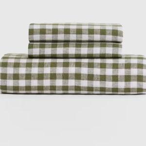European Linen Gingham Fitted Sheet Set in Olive
