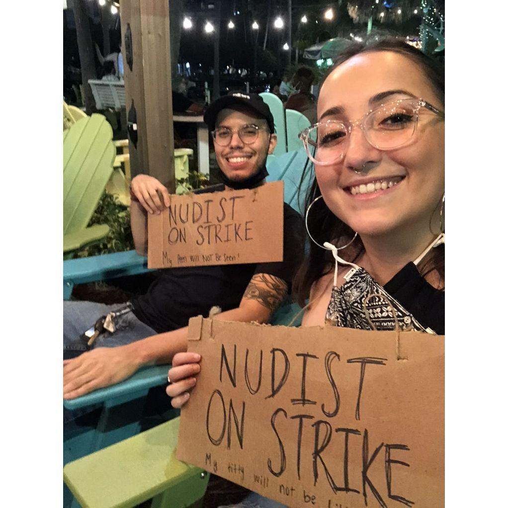 Our first Halloween together, pictured as the classic "Nudists on Strike" | October 31, 2020
