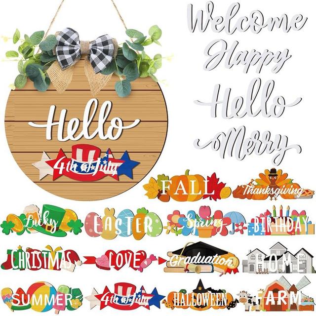 Burbell 20 Pcs Interchangeable Welcome Sign for Front Door with 4 Sign and 14 Changeable Icons Farmhouse Front Porch Decor Rustic Wooden Door Decor Outdoor Seasonal Welcome Decorations(Brown)