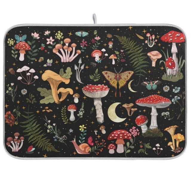 Mushroom Dish Drying Mat for Kitchen Counter Gothic Witchy Fern Leaves Microfiber Drying Mats Absorbent Reversible Dish Pad Draining Mats for Countertop Coffee Mats Medium 16x18 inch Gifts
