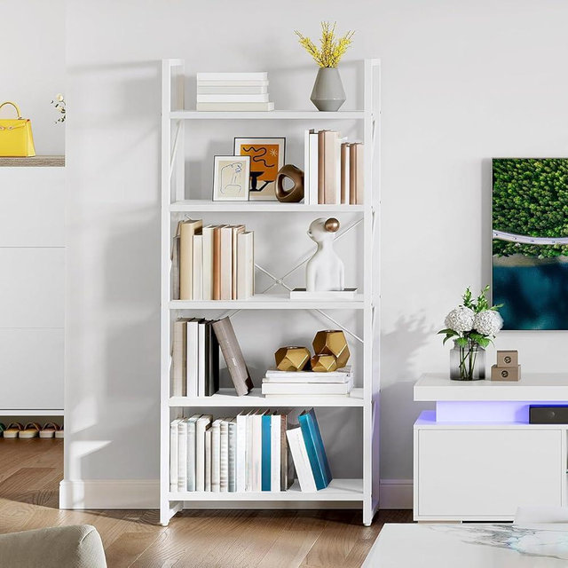YITAHOME 5 Tiers Bookshelf, Modern White Bookcase, Book Holder Organizer, Display Storage Rack Standing Shelves for Bedroom Living Room/Home/Office, All White