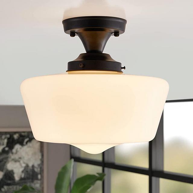 youngrender Black Schoolhouse Light Fixture, 12" Milk Glass Flush Mount Ceiling Light, Black Semi Flush Mount Ceiling Light for Farmhouse Kitchen Hallway Entryway