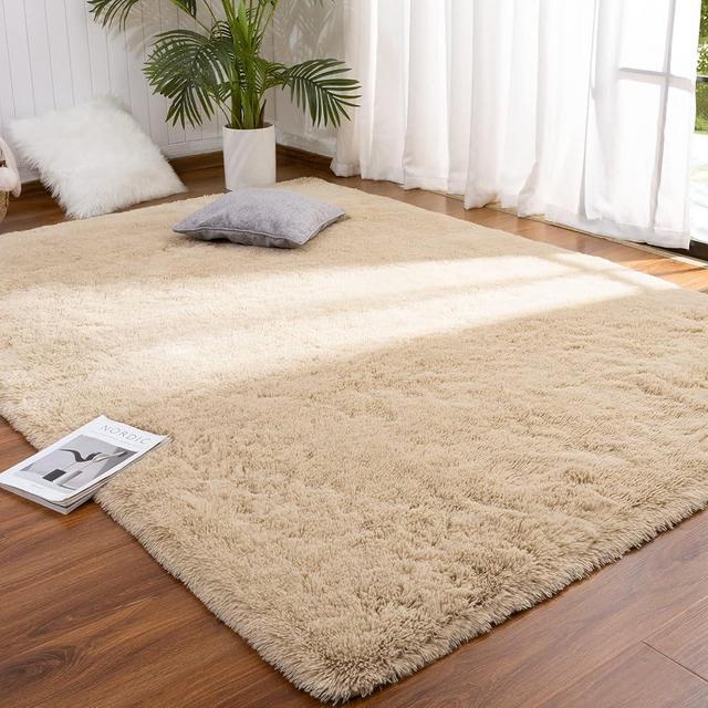 DETUM Beige Living Room Rug 5X8 Area Rug Soft and Fluffy Rugs for Bedroom Master Room Dining Dorm Kids Room Machine Washable Nonslip Carpets Modern Home Decoration, Light Tan