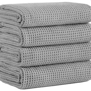 Microfiber Waffle Bath Towels, 4 Pieces, Soft, Absorbent, Fast Drying, Lint Free (Silver)