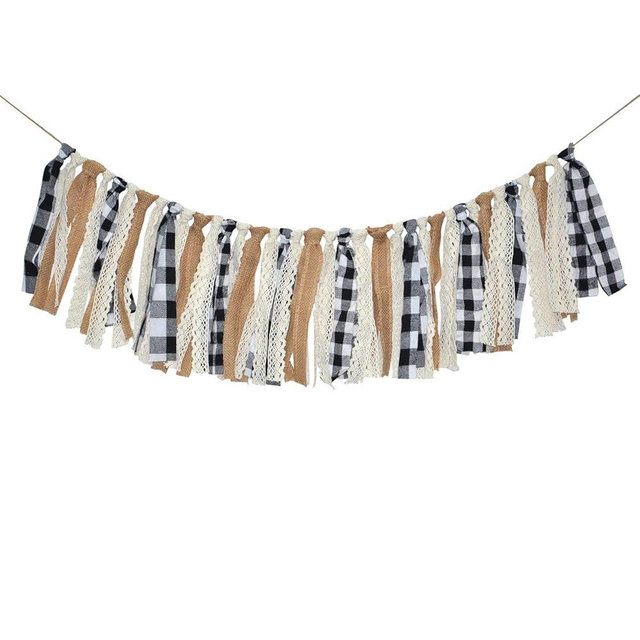 Buffalo Check Plaid Banner Black and White Gingham Spring Summer Fall Winter Easter Christmas Mantle Fireplace Garland Decoration