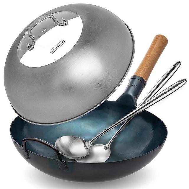 YOSUKATA Flat Bottom Wok Pan - 13.5" Blue Carbon Steel Wok + 17’’ Wok Spatula and Ladle - Set of 2 Heat-Resistant Wok Tools + Wok Lid 12.8 Inch