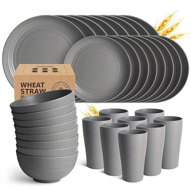 Teivio 32-Piece Kitchen Wheat Straw Dinnerware Set, Service for 8, Dinner Plates, Dessert Plate, Cereal Bowls, Cups, Unbreakable Plastic Outdoor Camping Dishes, Grey