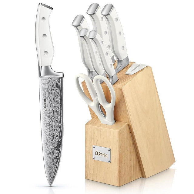 Knife Set, D.Perlla 8 Pieces Kitchen Knife Set with Built-in Sharpener, HIgh Carbon German Stainless Steel Knife Block Set with Unique Waved Pattern, Non-slip Handle, White