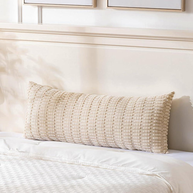 Fancy Homi Tan Long Body Lumbar Decorative Throw Pillow Cover 14x36 Inch for Bed Couch Bedroom Bench, Soft Corduroy Rectangle Solid Pillow Case 35x91 cm, Beige Rustic Farmhouse Boho Room Decor