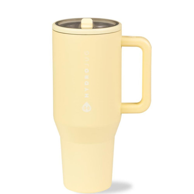 HydroJug Traveler - 32 oz Water Bottle with Handle & Flip Straw - Fits in Cup Holder, Leak Resistant Tumbler-Reusable Insulated Stainless Steel & Rubber Base - Gifts for Women & Men, Butter