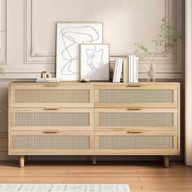 6 Drawer Double Dresser for Bedroom,Natural Rattan Modern Drawer Chest,Wooden Storage Wardrobe Dresser with Gold Handles,Floor Standing Storage Cabinet, for Entrance,Living Room,Hallway-Natural