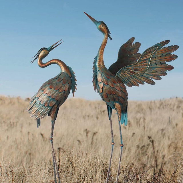 Oritty Crane Statues for Garden Decor, Metal Crane Yard Art Statues, Standing Heron Garden Sculptures & Statues for Outdoor Decorations, 38-42 Inch Set of 2, Copper