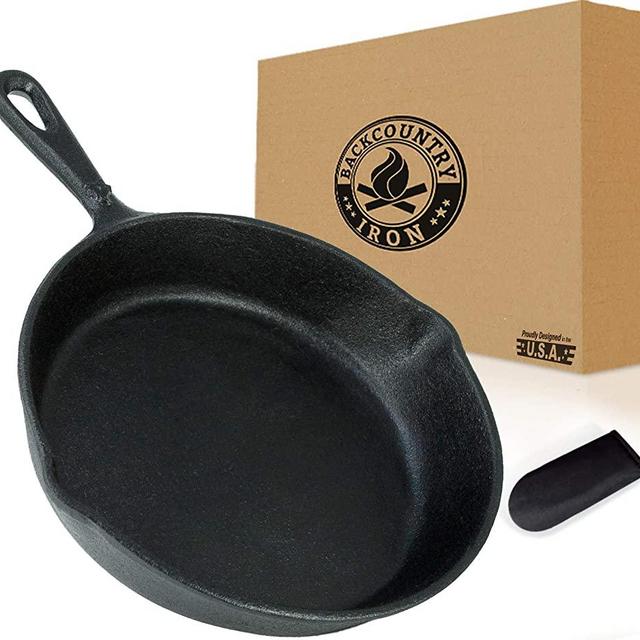 Backcountry Cast Iron Skillet(8 Inch Small Frying Pan + Cloth Handle Mitt, Pre-Seasoned for Non-Stick Like Surface, Cookware Oven / Broiler / Grill Safe, Kitchen Deep Fryer, Restaurant Chef Quality)