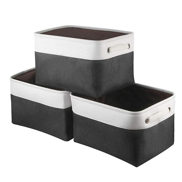 Awekris Large Storage Basket Bin Set [3-Pack] Storage Cube Box Foldable Canvas Fabric Collapsible Organizer with Handles for Home Office Closet Toys Clothes Kids Room Nursery (Grey) (Black and White)