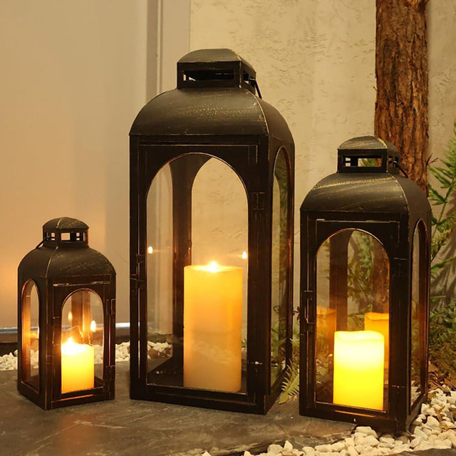 NEEDOMO 3Pack Outdoor Lanterns, 25" Large Flameless Lanterns Decorative for Front Porch, Metal Frame Candle Holders with Glass, Vintage Patio, Pathway, Balcony, Garden, Yard Decor (Oil Rubbed Bronze)