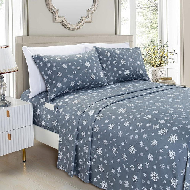 Elegant Comfort Luxury Soft Bed Sheets Holiday Pattern 1500 Premium Hotel Quality Microfiber - Softness Wrinkle and Fade Resistant (6-Piece) Bedding Set, King, Snowflake-Gray
