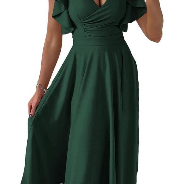 PRETTYGARDEN Summer Midi Dress 2025 Spring Ruffle Sleeve V Neck Cocktail Wedding Guest A Line Fit and Flared Dresses