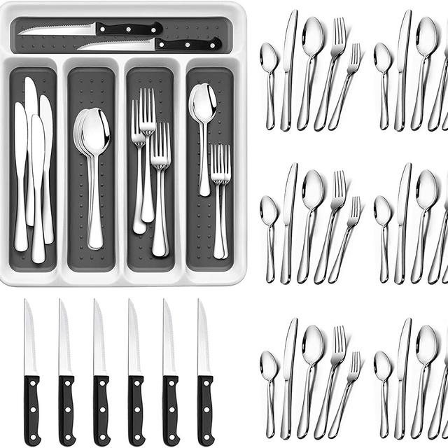 RayPard Silverware Set, Flatware Set Mirror Polished, Dishwasher Safe Service for 6, Include Fork/Spoon with 5-Compartment Non Slip Silverware Drawer Organizer Box Tray (Silver, 36 Piece)