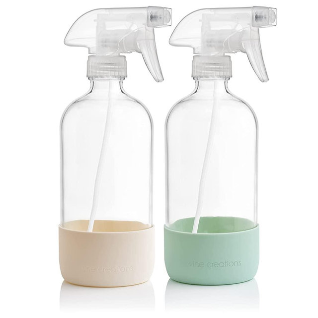 Vine Creations Clear Glass Spray Bottles with Silicone Sleeve, 16oz Refillable Empty Bottle for Cleaning Solutions, Water Sprayer, Essential Oils, Plants Mister, 2 Pack (Pastel Green & Cream White)