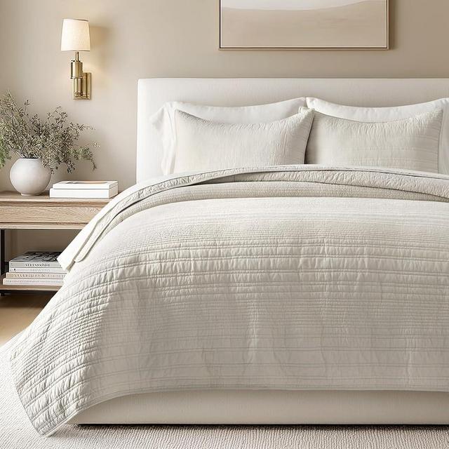 EVERGRACEHOME 100% Cotton Modern Lines Quilt Set Queen Size, Pre-Washed Soft Striped Coverlet Bedspread, 3 Piece Lightweight Bedding Set for All Season, with 2 Pillow Shams, Birch
