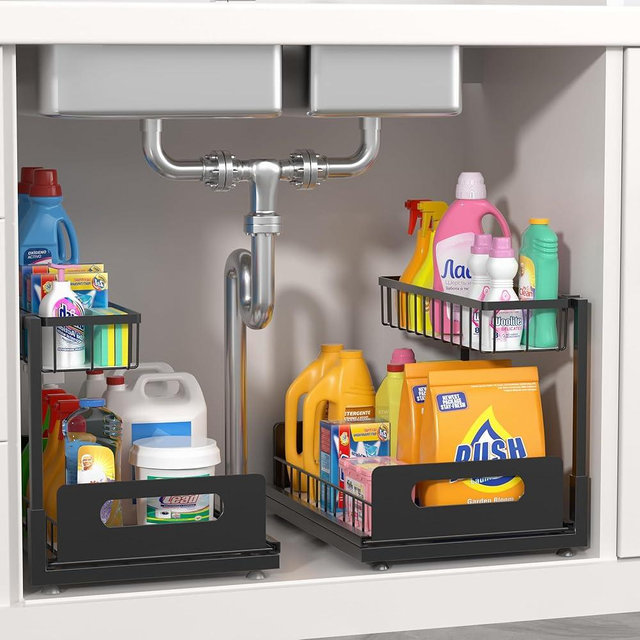 MERATIA 2 Pack Under Sink Organizer, 2 Tier Pull Out Cabinet Organizer,Slide out Metal Cabinet Organizers Multi-Purpose Drawer Shelf for Kitchen Bathroom Pantry Cabinet Closet Organization Rack,Black
