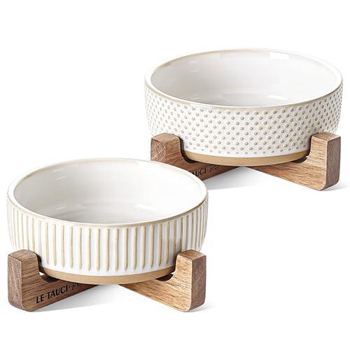 LE TAUCI PET Dog and Cat Bowl Set with Acacia Wood Stand - 2 Cup Ceramic Puppy Bowls for Cats &Small Dogs, Dual Food and Water Bowls with Weighted Non-Slip Base, Lines+Dot