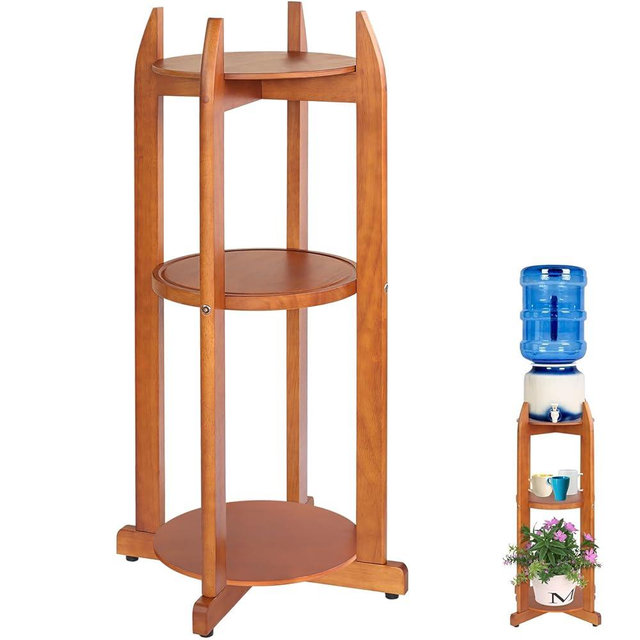 Natural Solid Wood Water Dispenser Stand (32.8"Hight-11.2"Wide) Ceramic Water Dispenser Floor Stand, 5 Gallon Water Jug Stand with 3 Round Shelfs Included for 1-5 Gallon Water Bottles/Crocks/Water Jug