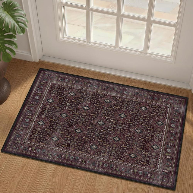 Jainmy Fig 2x3 Kitchen Rugs Non Slip Washable, Luxurious Boho Vintage Floral Trellis Ultra Thin Door Mat Indoor Entrance, Earth-Toned Dark Academia Small Throw Rugs for Entryway Bathroom