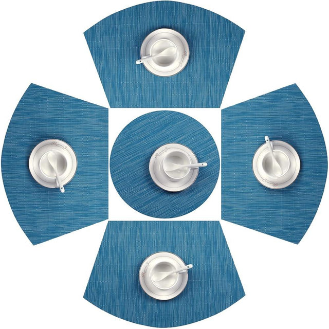 SHACOS Round Table Placemats Set of 5 Woven Vinyl Wedge Placemats with Centerpiece Round Table Mats Heat Resistant Wipe Clean (5, Teal Blue)