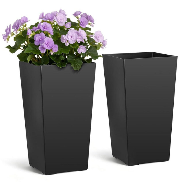 VEVOR Set of 2 Tall Planters for Outdoor Plants 22 inch, Black Tall Planter for Indoor Plants, Modern Planters for Front Porch Patio Balcony, Plant Container Flower Pots with Built-in Drainage