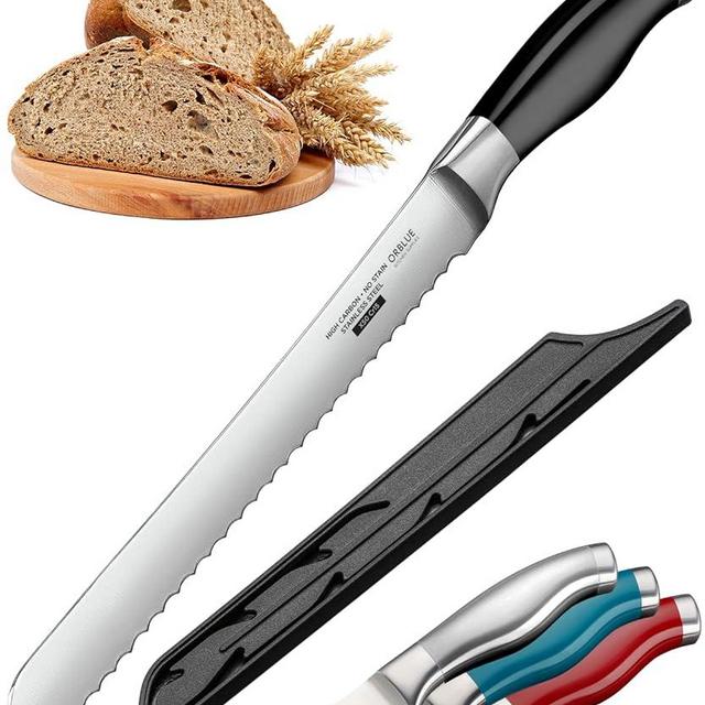Orblue Serrated Bread Knife with 10-inch Upgraded Stainless Steel Razor Sharp Wavy Edge Width - Bread Cutter Ideal for Slicing Homemade Bagels and Cake, Black