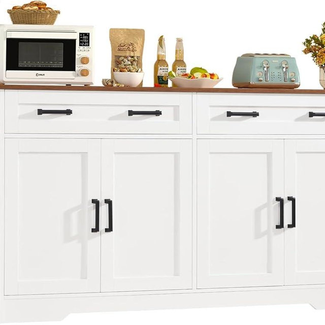 usikey Buffet Cabinet with Storage and Drawers, 55" Large Sideboard Buffet Cabinet with Adjustable Shelves and Doors, Modern Coffee Bar for Kitchen, Living Room, White