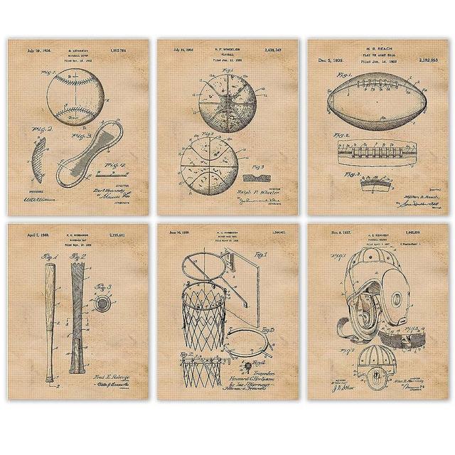Vintage Football Baseball Basketball Sports Patent Prints, 6 (8x10) Unframed Photos, Wall Art Decor Gifts Under 20 for Home Office Man Cave Garage Gym Student Teacher Coach School Teams