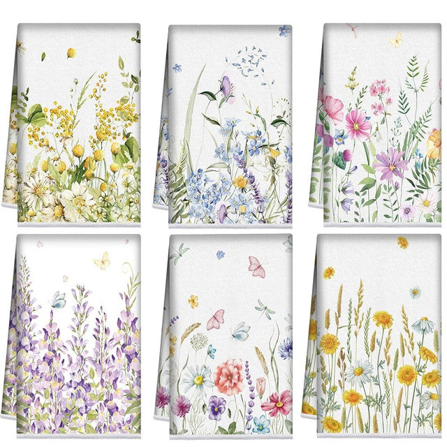 Redbaker 6 Pcs Floral Kitchen Towels Wildflower Print Dish Towels for Kitchen Ultra Absorbent Flower Butterfly Hand Towels Decorative Set for Bathroom Housewarming Gift (Classic Color,Flower)