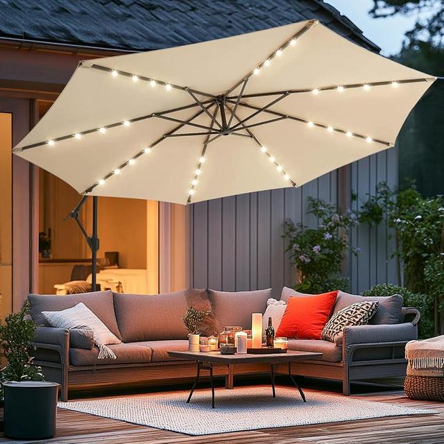 wikiwiki 10ft Solar LED Offset Hanging Market Cantilever Patio Umbrella for Backyard, Poolside, Lawn and Garden, Easy Tilt Adjustment, Polyester Shade & Cross Base, Beige