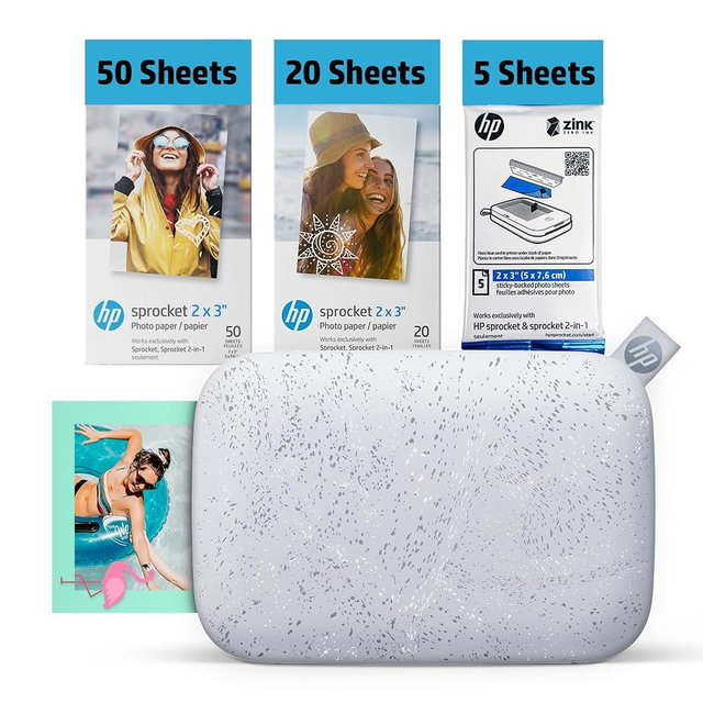 HP Sprocket 2x3 Instant Smartphone Photo Printer 75 Sheets Bundle - Bluetooth Portable Color Wireless Mobile Printer (Luna Pearl) Zink Sticky-Back Photos