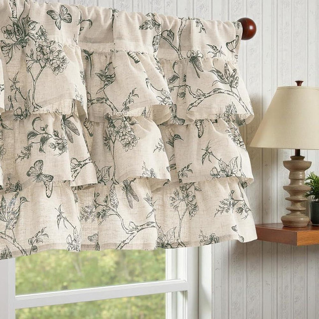 jinchan Ruffled Valance Curtain Linen Floral Kitchen Valance 18 Inch Shabby Chic Small Window Treatment for Living Room Farmhouse Cottagecore Light Filtering Rod Pocket 1 Panel Grey on Beige