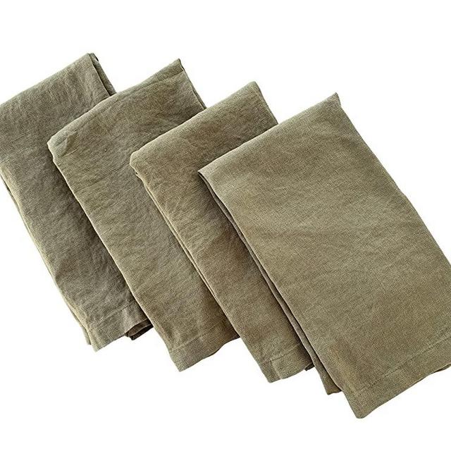 Linen Napkins – 100% French Flax – Stonewashed Pure Linen Cloth Napkins – Mitered Corners – Set of 4 (Olive Green)