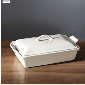 Cream: Le Creuset Heritage 15" Covered Cerise Red Rectangular Ceramic Baking Dish with Lid