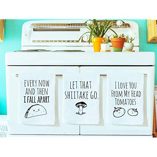 Funny Dish Towels, Set of 3, Funny Kitchen Towels, Taco, Shiitake, Tomatoes