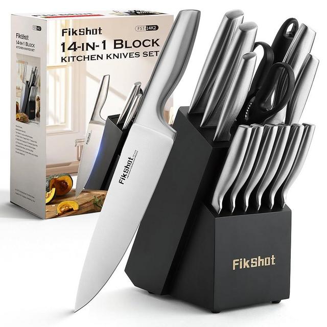 FikShot 14-Piece Kitchen Knife Block Set with Sharpener, Dishwasher Safe Ultra Sharp High Carbon Stainless Steel With Ergonomic and Safe Presents for Women